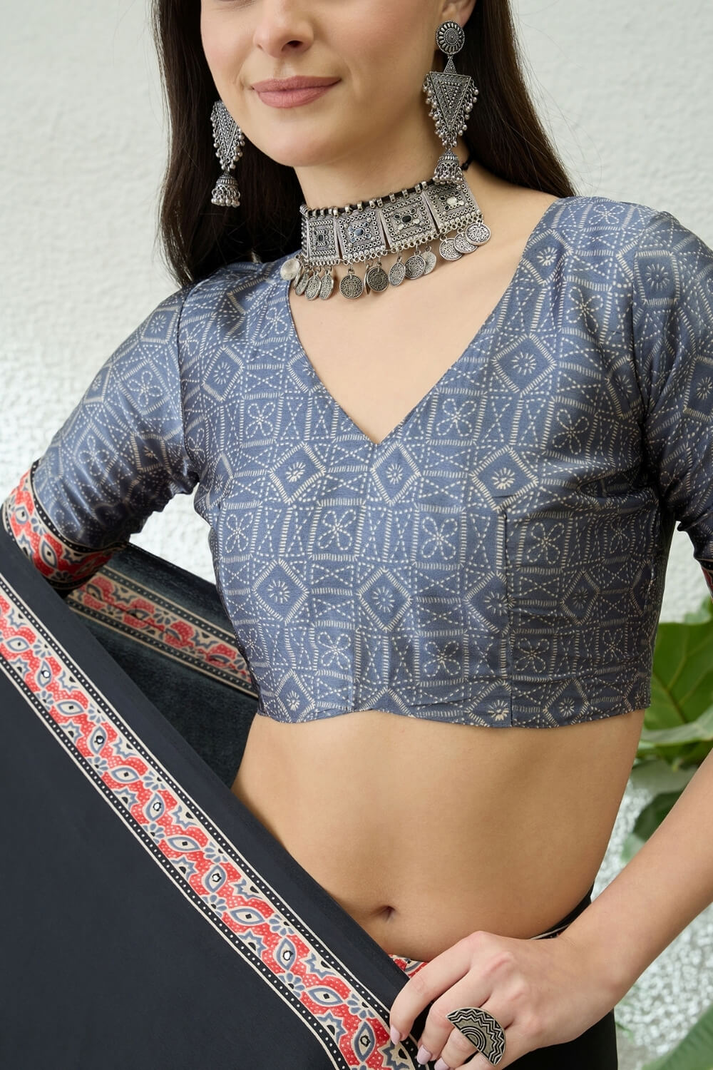 Black and Grey Printed Satin Silk Saree