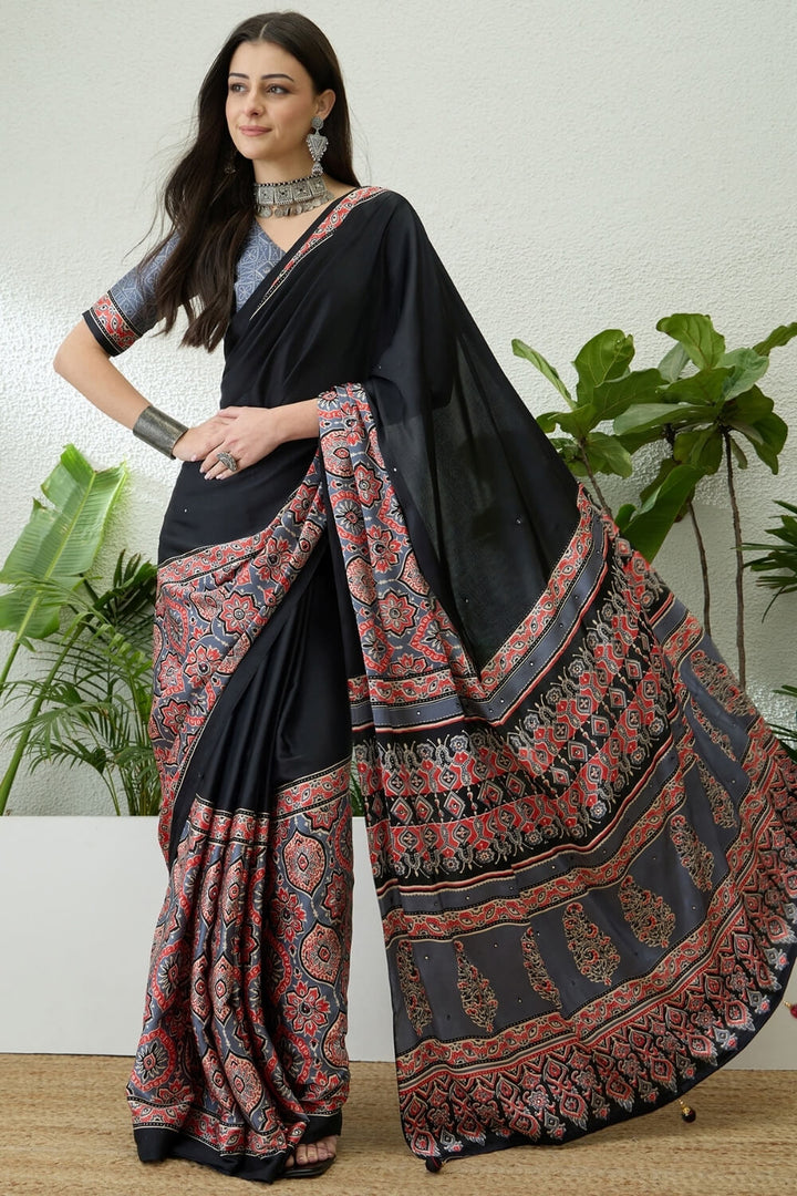 Black and Grey Printed Satin Silk Saree