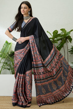Black and Grey Printed Satin Silk Saree