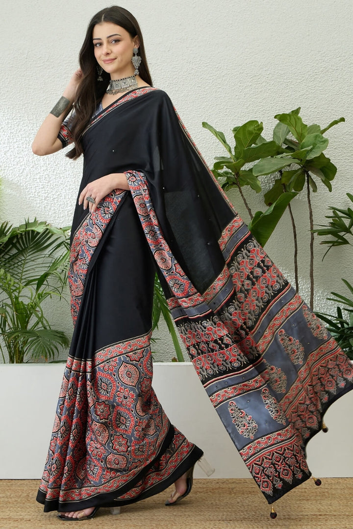 Black and Grey Printed Satin Silk Saree