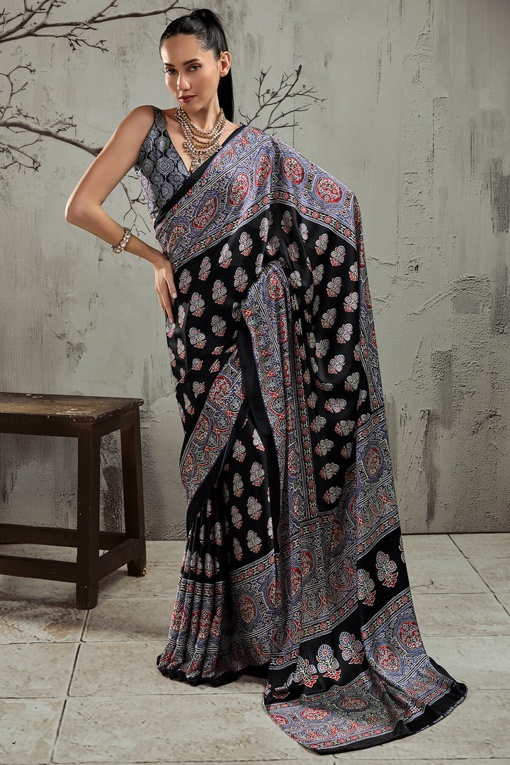 Black and Lavender Ajrakh Printed Satin Silk Saree