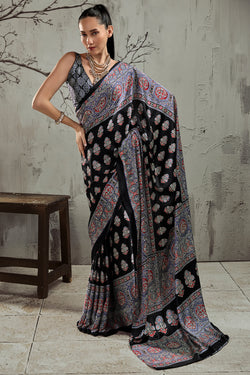 Black and Lavender Ajrakh Printed Satin Silk Saree