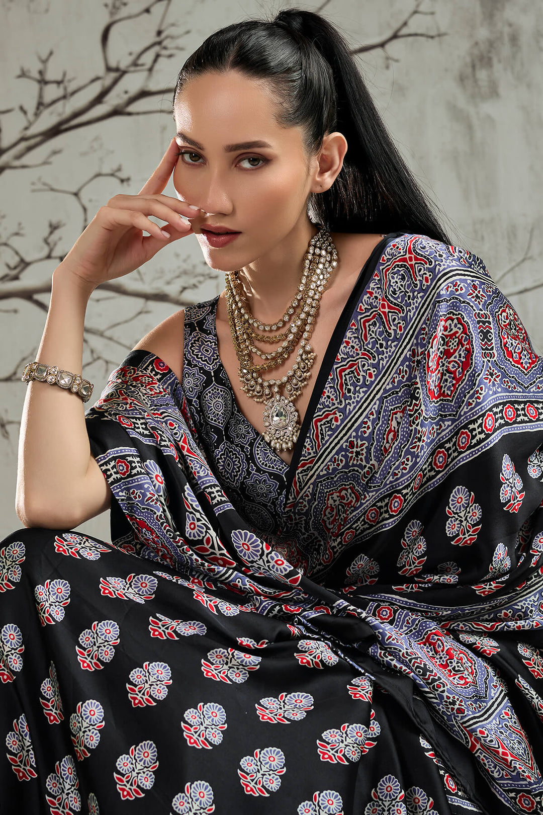 Black and Lavender Ajrakh Printed Satin Silk Saree