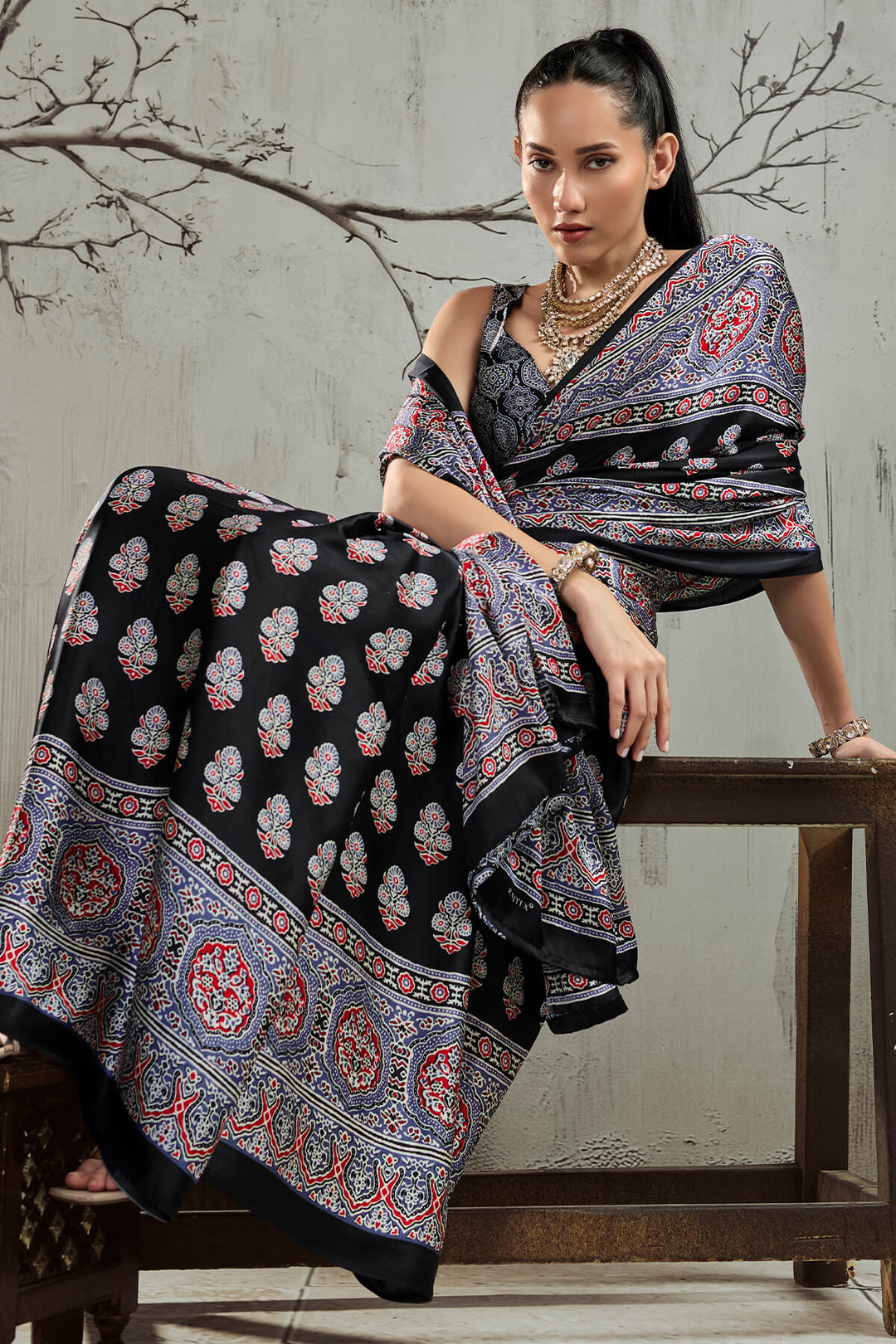 Black and Lavender Ajrakh Printed Satin Silk Saree