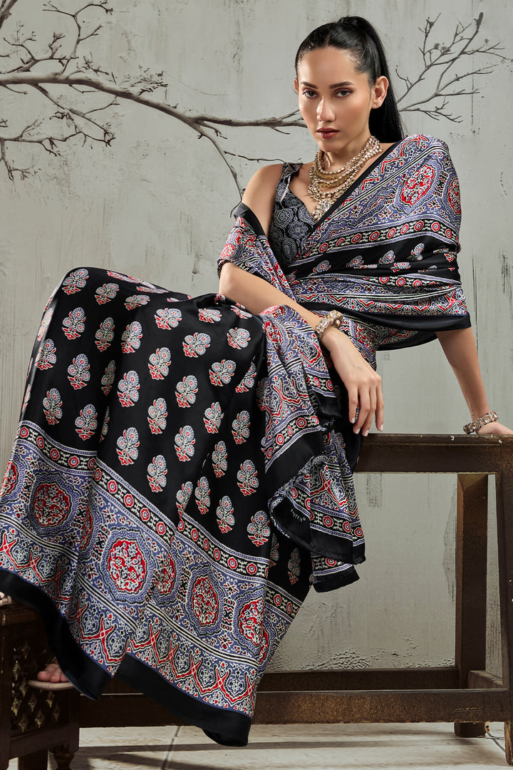 Black and Lavender Ajrakh Printed Satin Silk Saree
