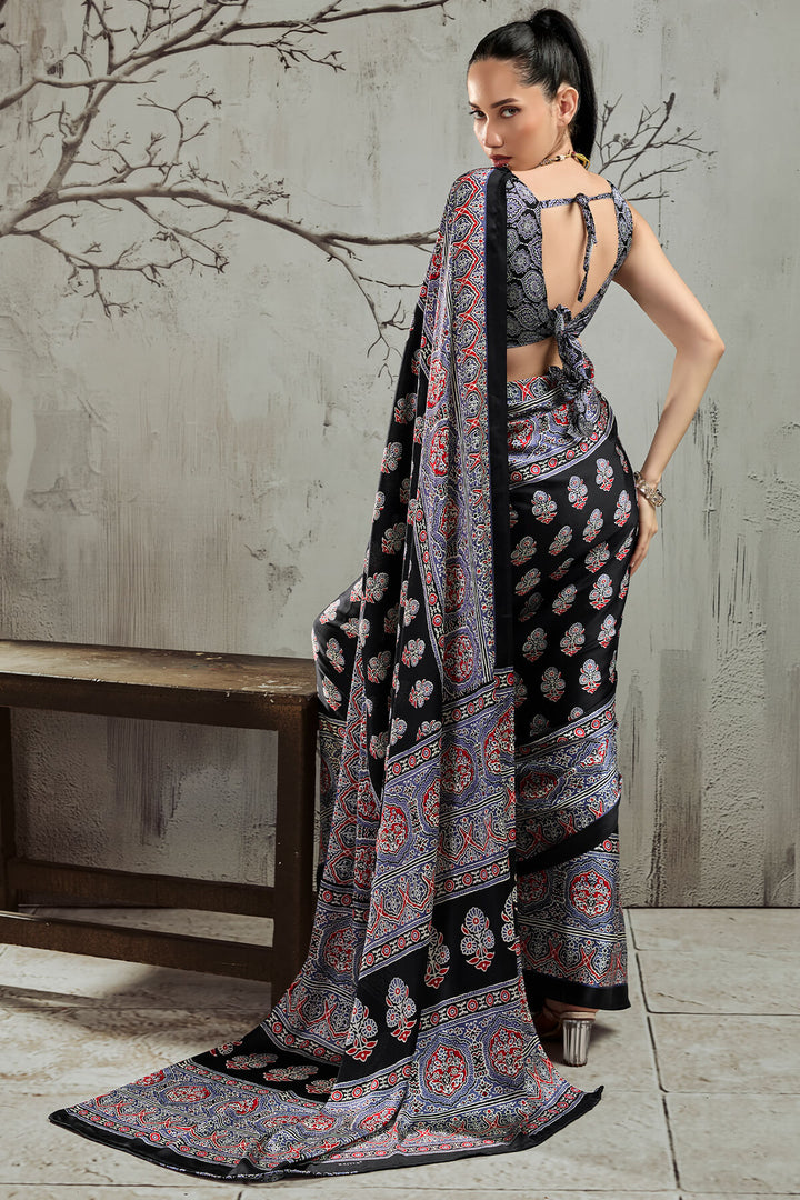 Black and Lavender Ajrakh Printed Satin Silk Saree