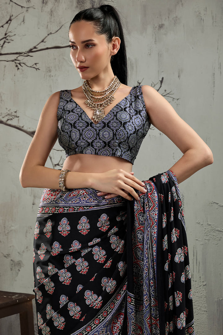 Black and Lavender Ajrakh Printed Satin Silk Saree