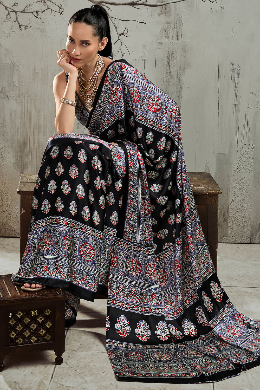 Black and Lavender Ajrakh Printed Satin Silk Saree