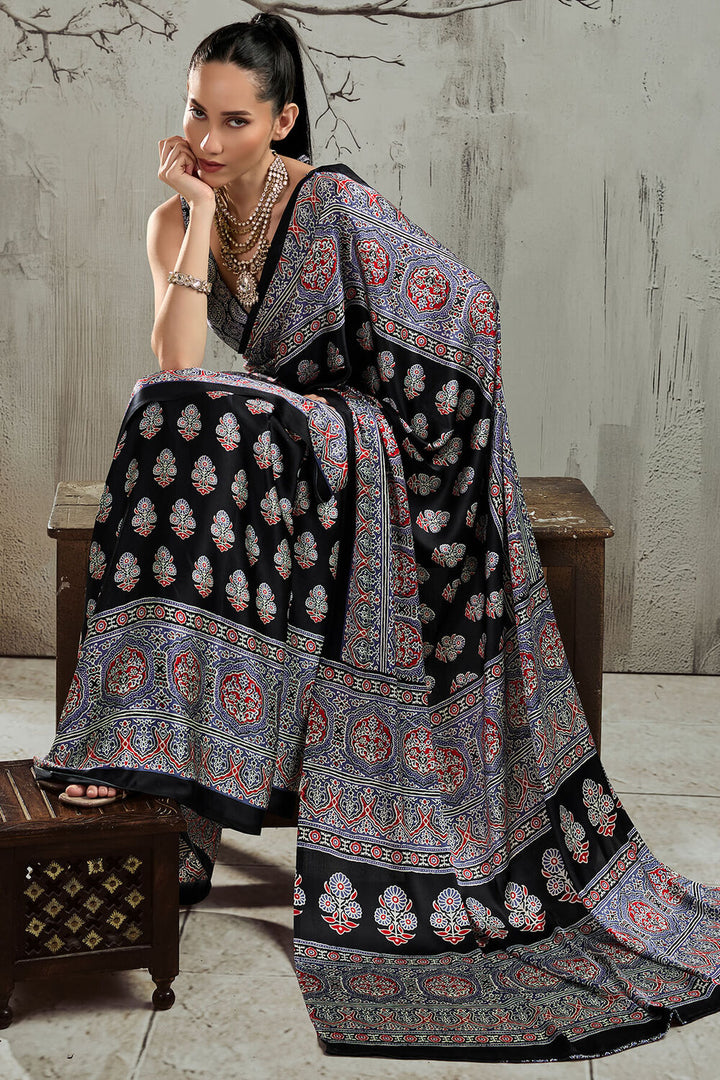 Black and Lavender Ajrakh Printed Satin Silk Saree