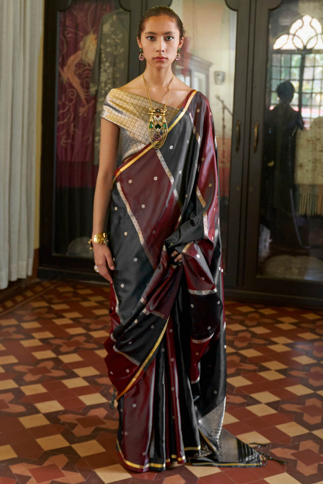 Black and Maroon Banarasi satin silk saree