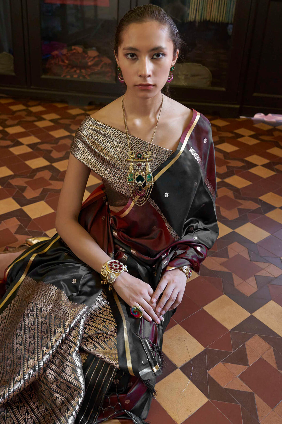 Black and Maroon Banarasi satin silk saree