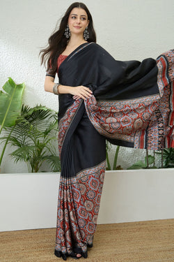 Black and Maroon Printed Satin Silk Saree