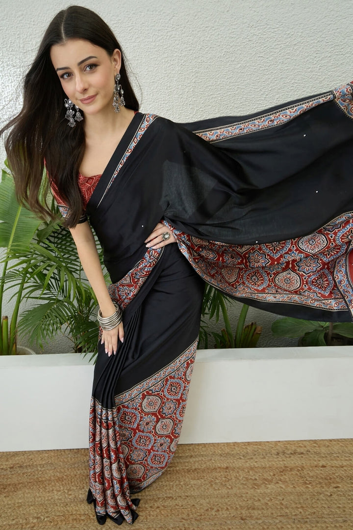 Black and Maroon Printed Satin Silk Saree