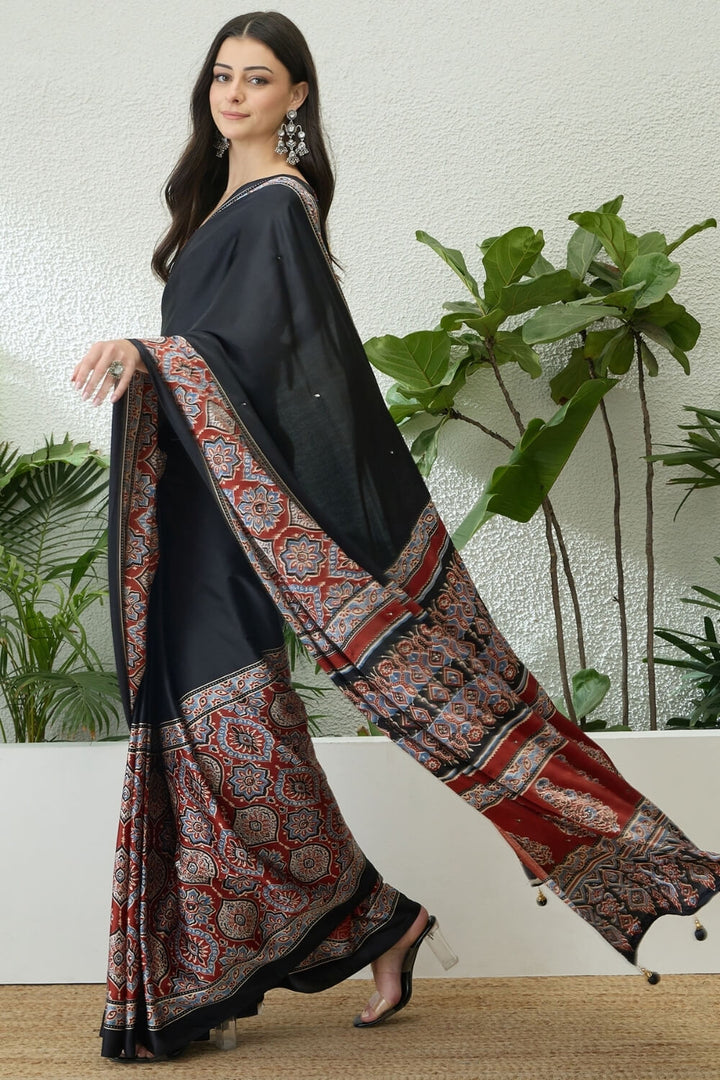 Black and Maroon Printed Satin Silk Saree