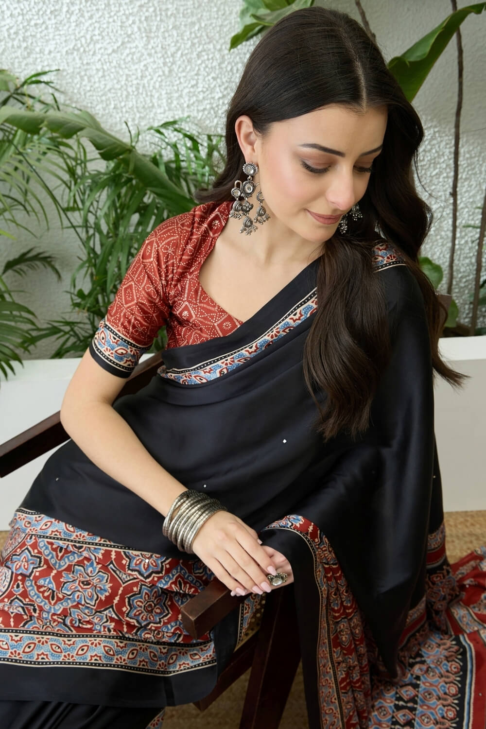 Black and Maroon Printed Satin Silk Saree