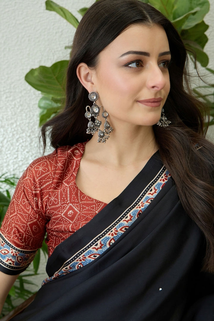 Black and Maroon Printed Satin Silk Saree