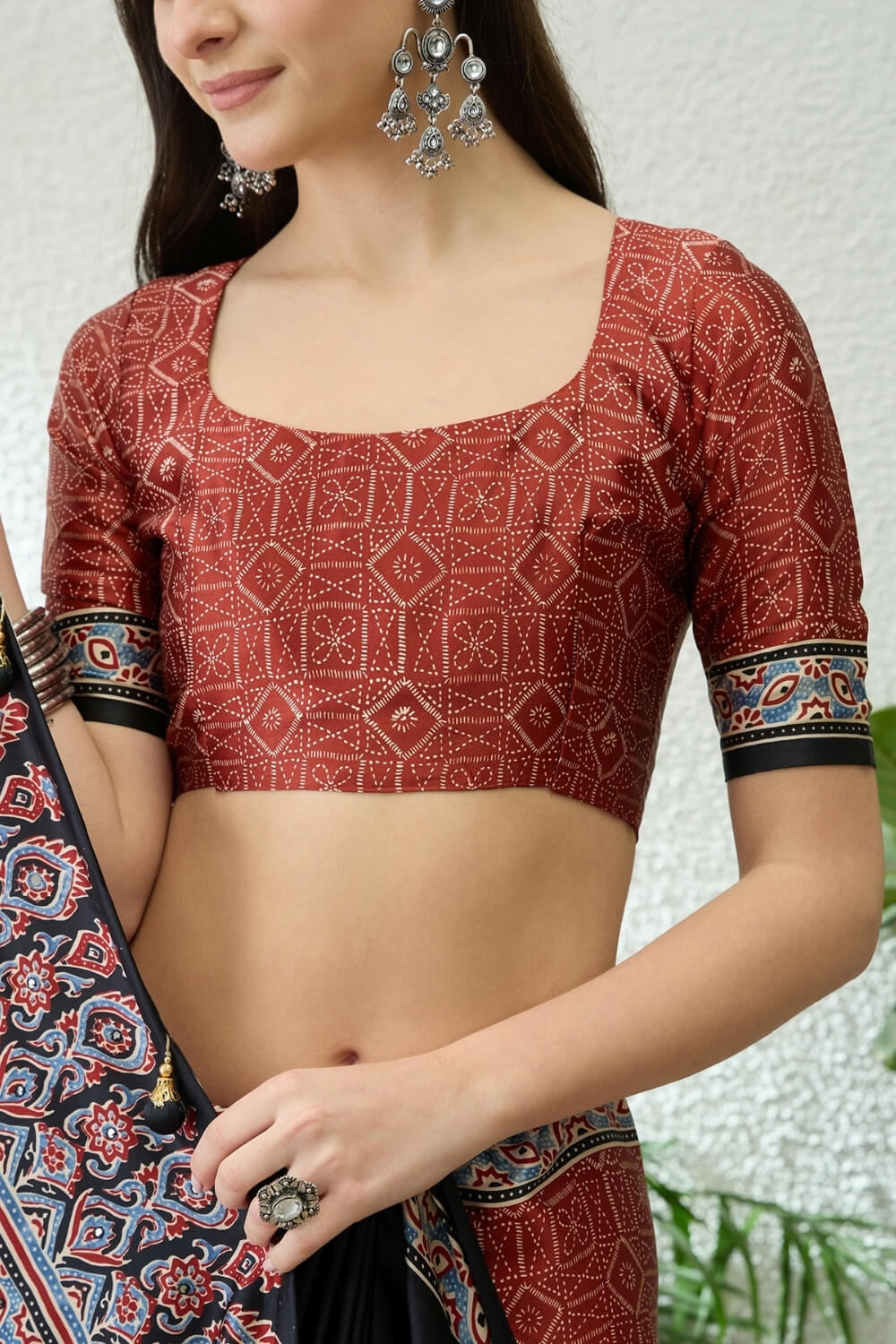 Black and Maroon Printed Satin Silk Saree