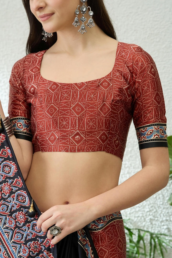 Black and Maroon Printed Satin Silk Saree