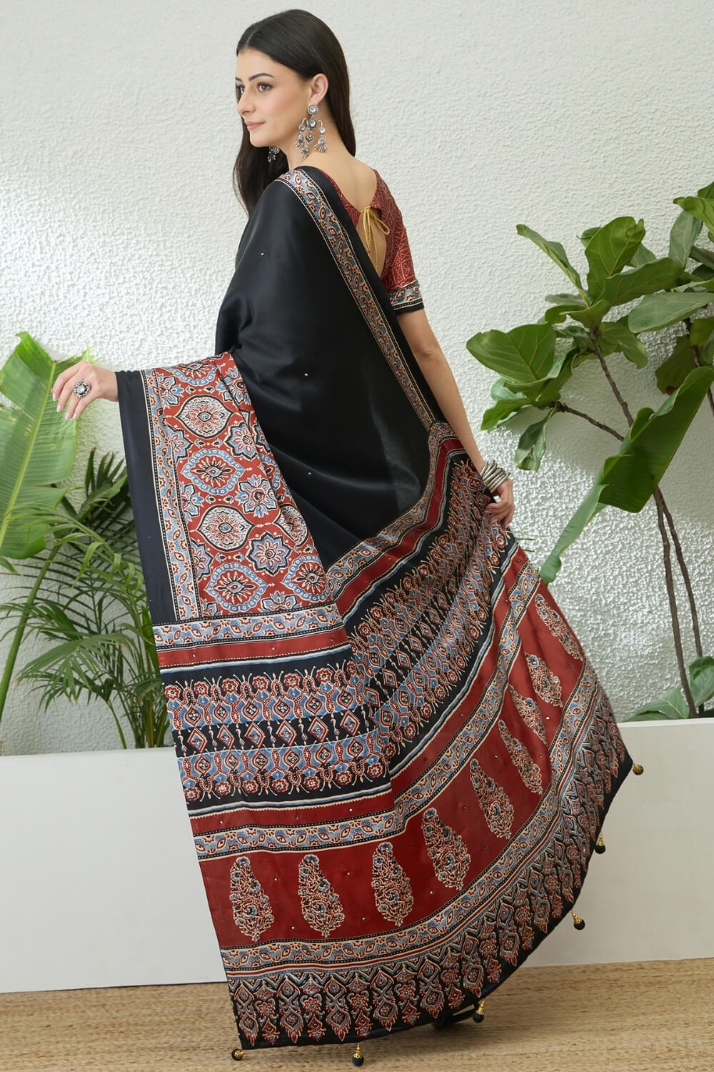 Black and Maroon Printed Satin Silk Saree
