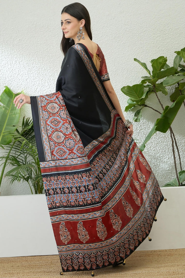 Black and Maroon Printed Satin Silk Saree