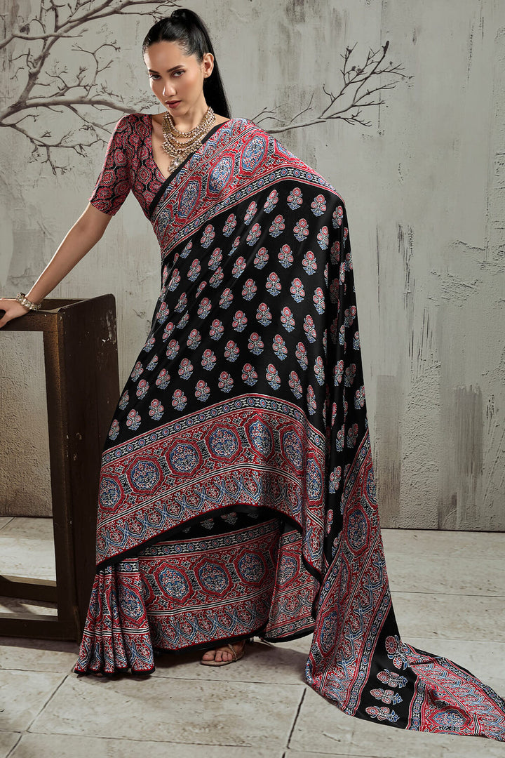 Black and Milano Red Ajrakh Printed Satin Silk Saree