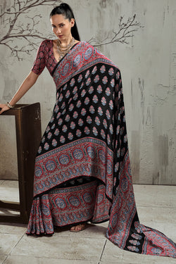 Black and Milano Red Ajrakh Printed Satin Silk Saree