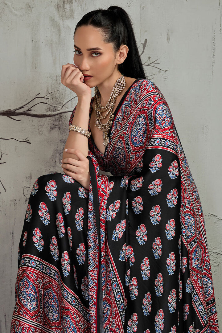 Black and Milano Red Ajrakh Printed Satin Silk Saree