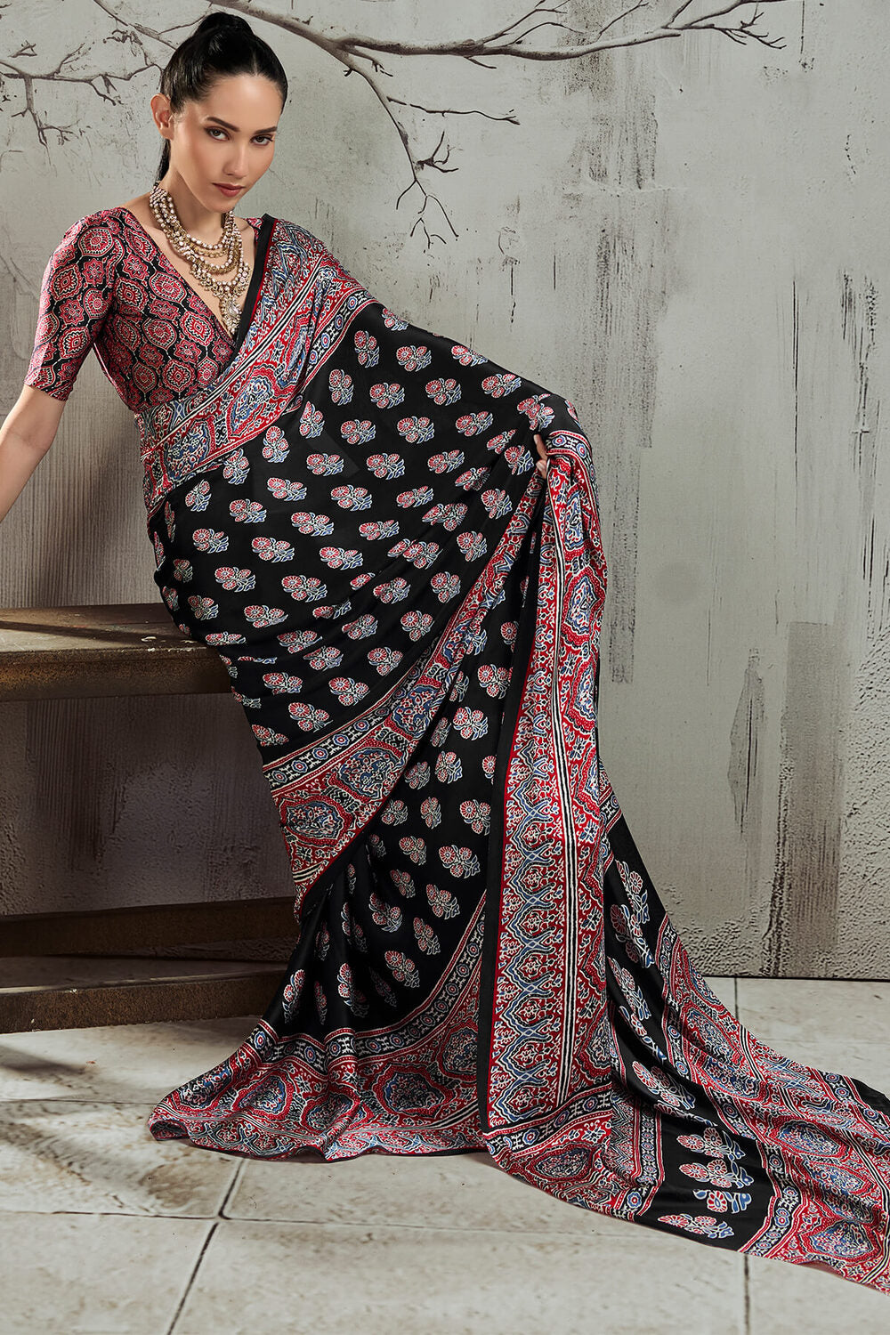 Black and Milano Red Ajrakh Printed Satin Silk Saree
