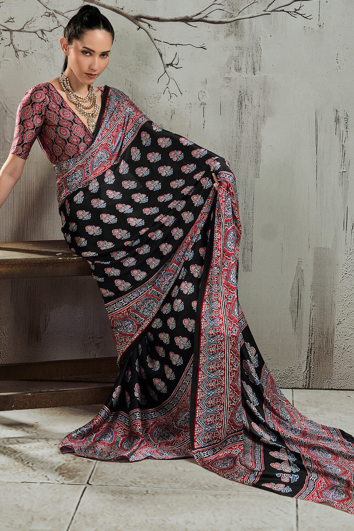 Black and Milano Red Ajrakh Printed Satin Silk Saree