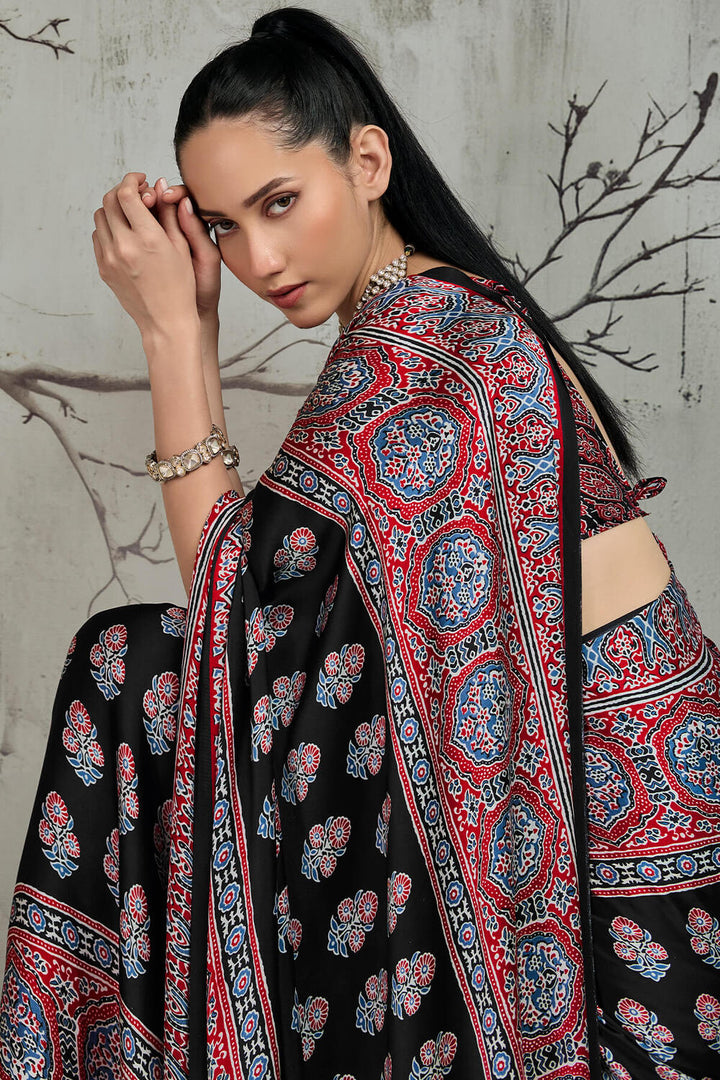Black and Milano Red Ajrakh Printed Satin Silk Saree