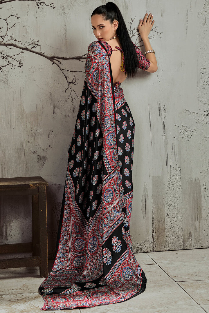Black and Milano Red Ajrakh Printed Satin Silk Saree
