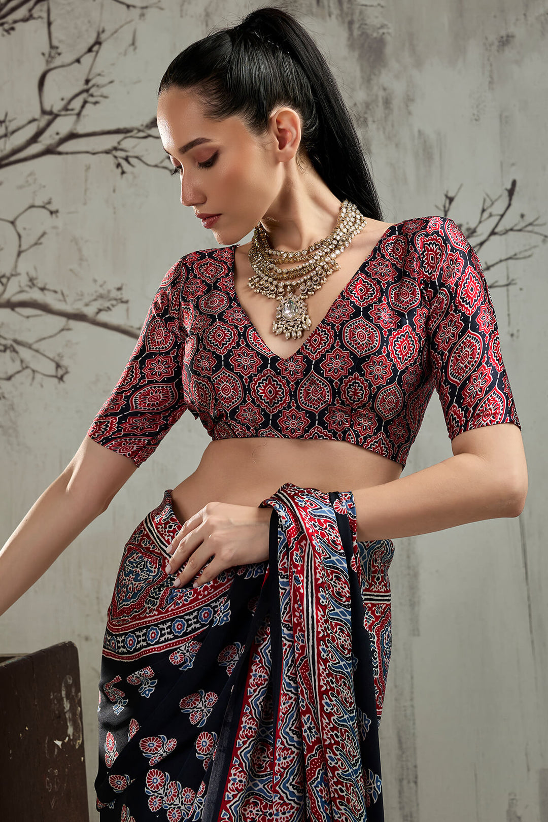 Black and Milano Red Ajrakh Printed Satin Silk Saree