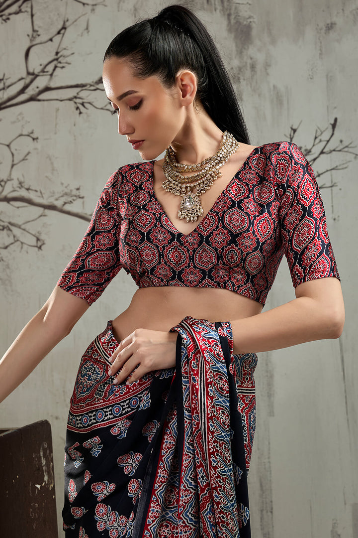 Black and Milano Red Ajrakh Printed Satin Silk Saree