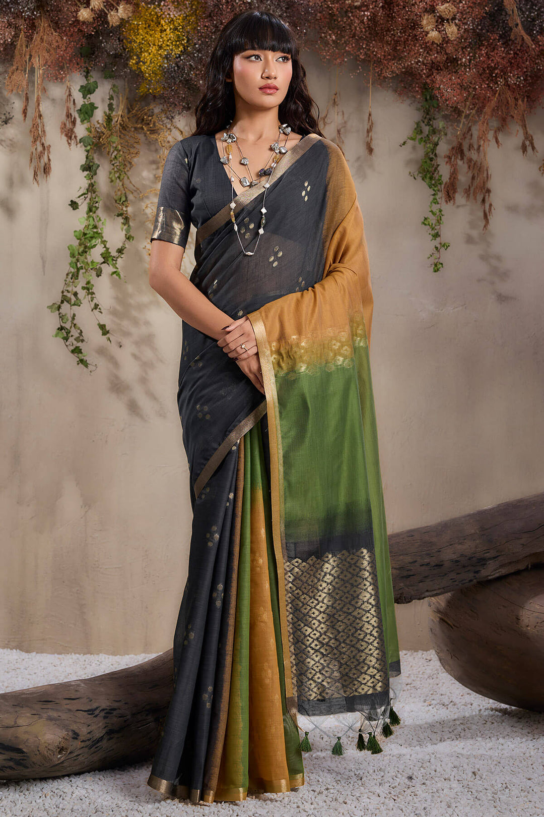 Black and Mustard Viscose Cotton Silk Saree