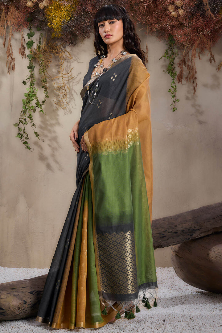 Black and Mustard Viscose Cotton Silk Saree