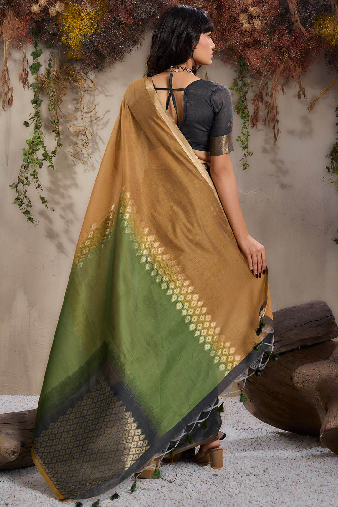Black and Mustard Viscose Cotton Silk Saree