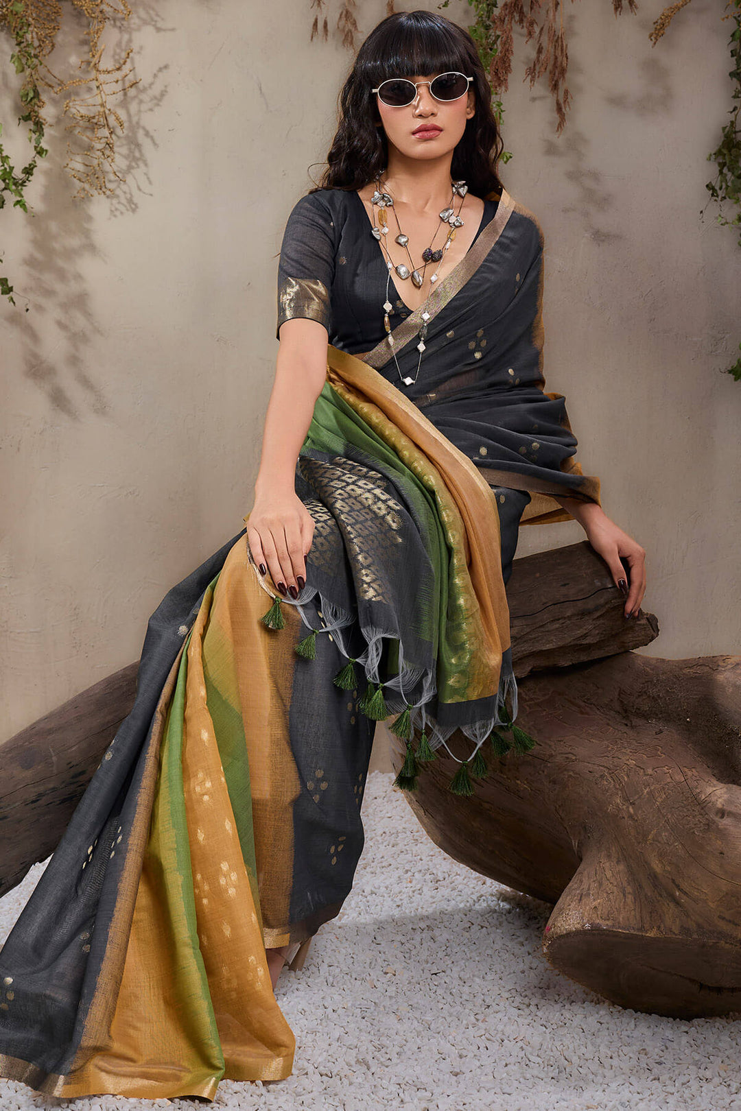 Black and Mustard Viscose Cotton Silk Saree