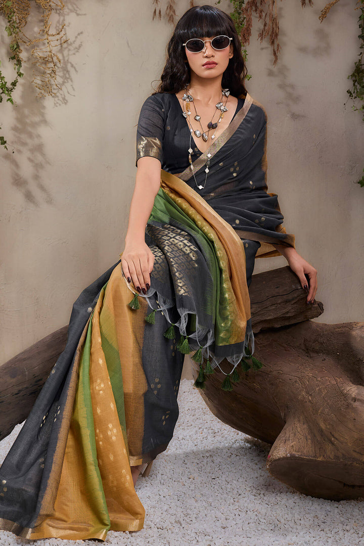 Black and Mustard Viscose Cotton Silk Saree