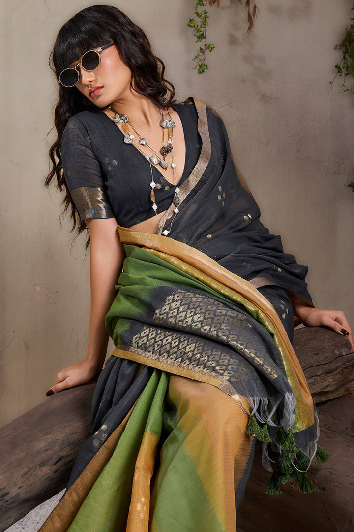 Black and Mustard Viscose Cotton Silk Saree