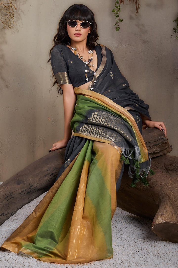 Black and Mustard Viscose Cotton Silk Saree