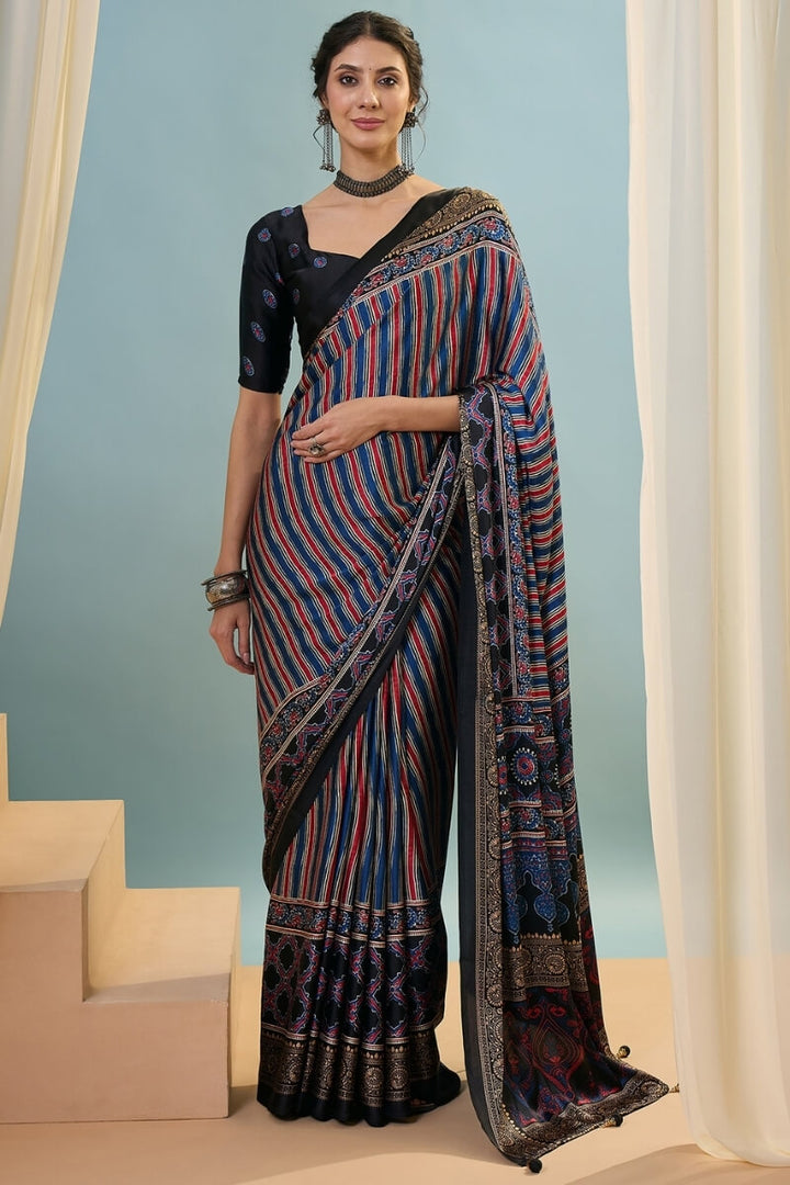 Black and Navy Blue Ajrakh Printed Satin Silk Saree