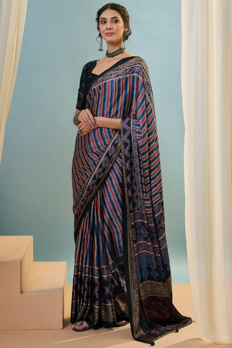 Black and Navy Blue Ajrakh Printed Satin Silk Saree