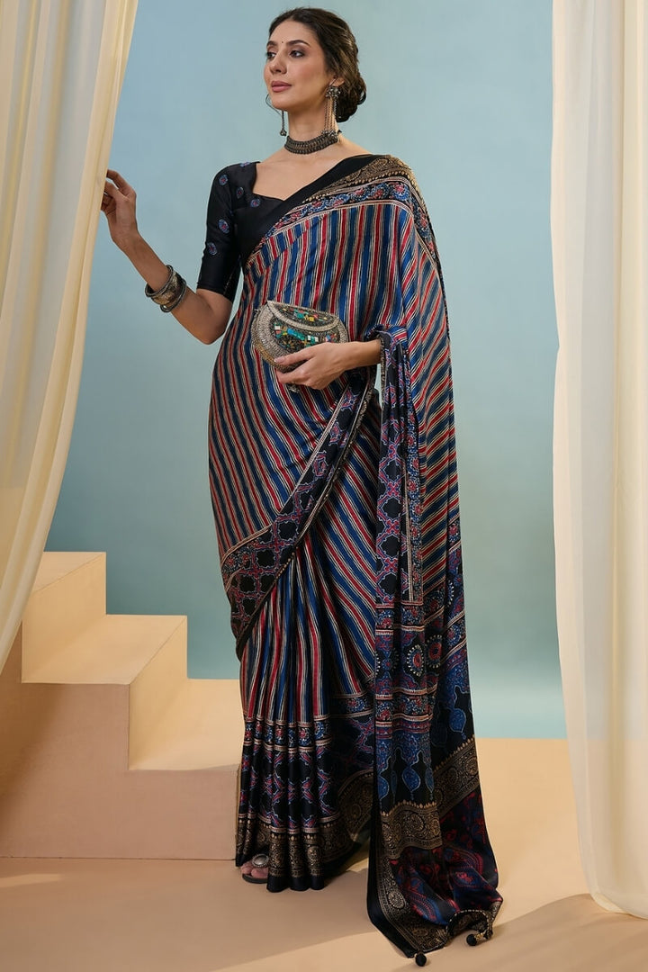 Black and Navy Blue Ajrakh Printed Satin Silk Saree