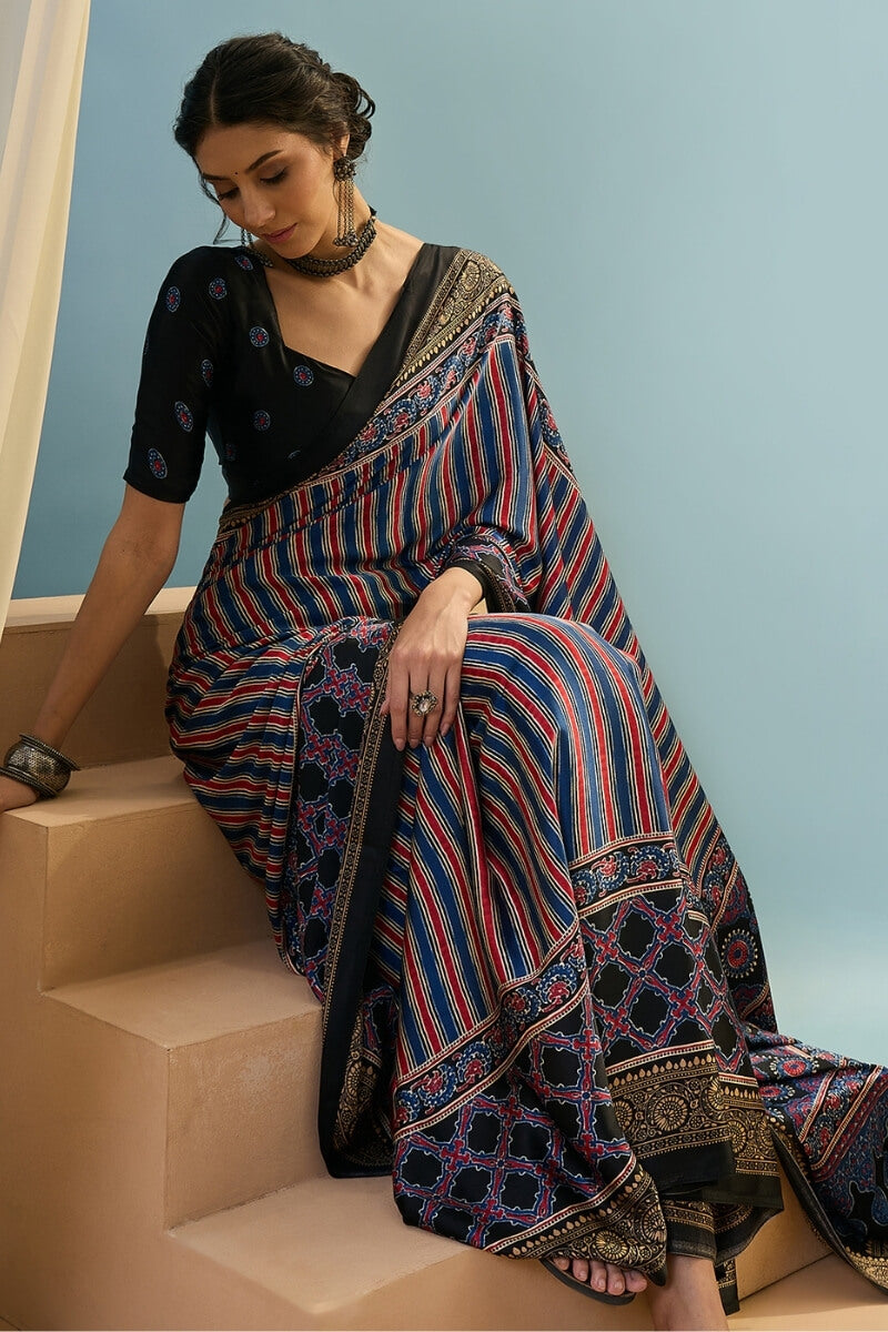 Black and Navy Blue Ajrakh Printed Satin Silk Saree