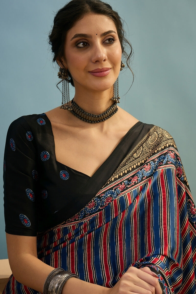 Black and Navy Blue Ajrakh Printed Satin Silk Saree