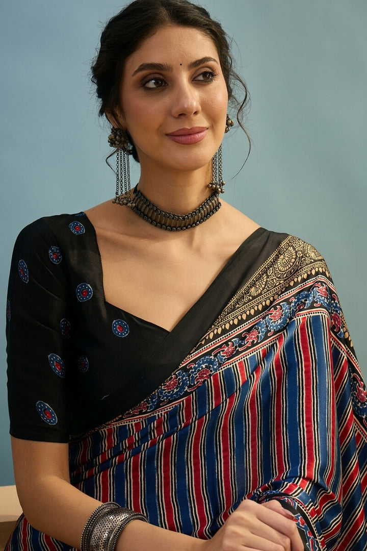 Black and Navy Blue Ajrakh Printed Satin Silk Saree