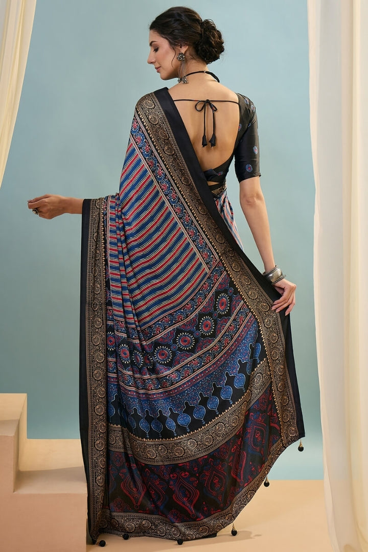 Black and Navy Blue Ajrakh Printed Satin Silk Saree