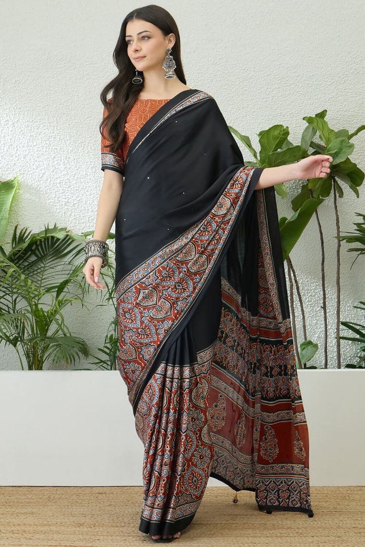 Black and Orange Printed Satin Silk Saree