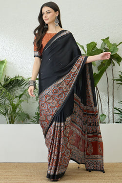 Black and Orange Printed Satin Silk Saree