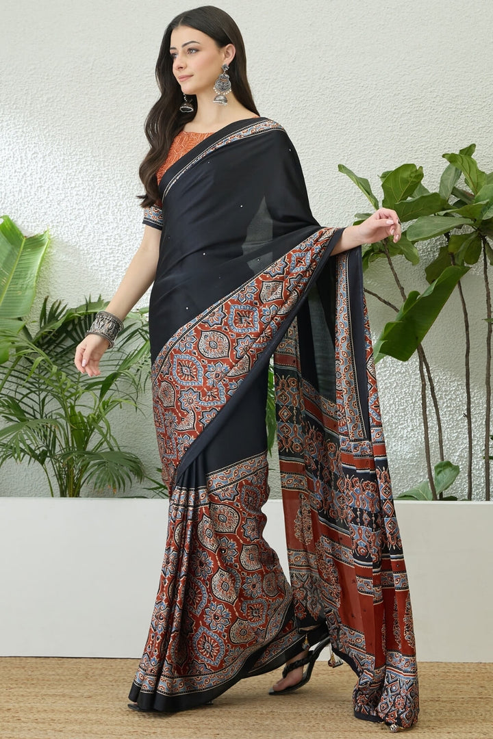 Black and Orange Printed Satin Silk Saree